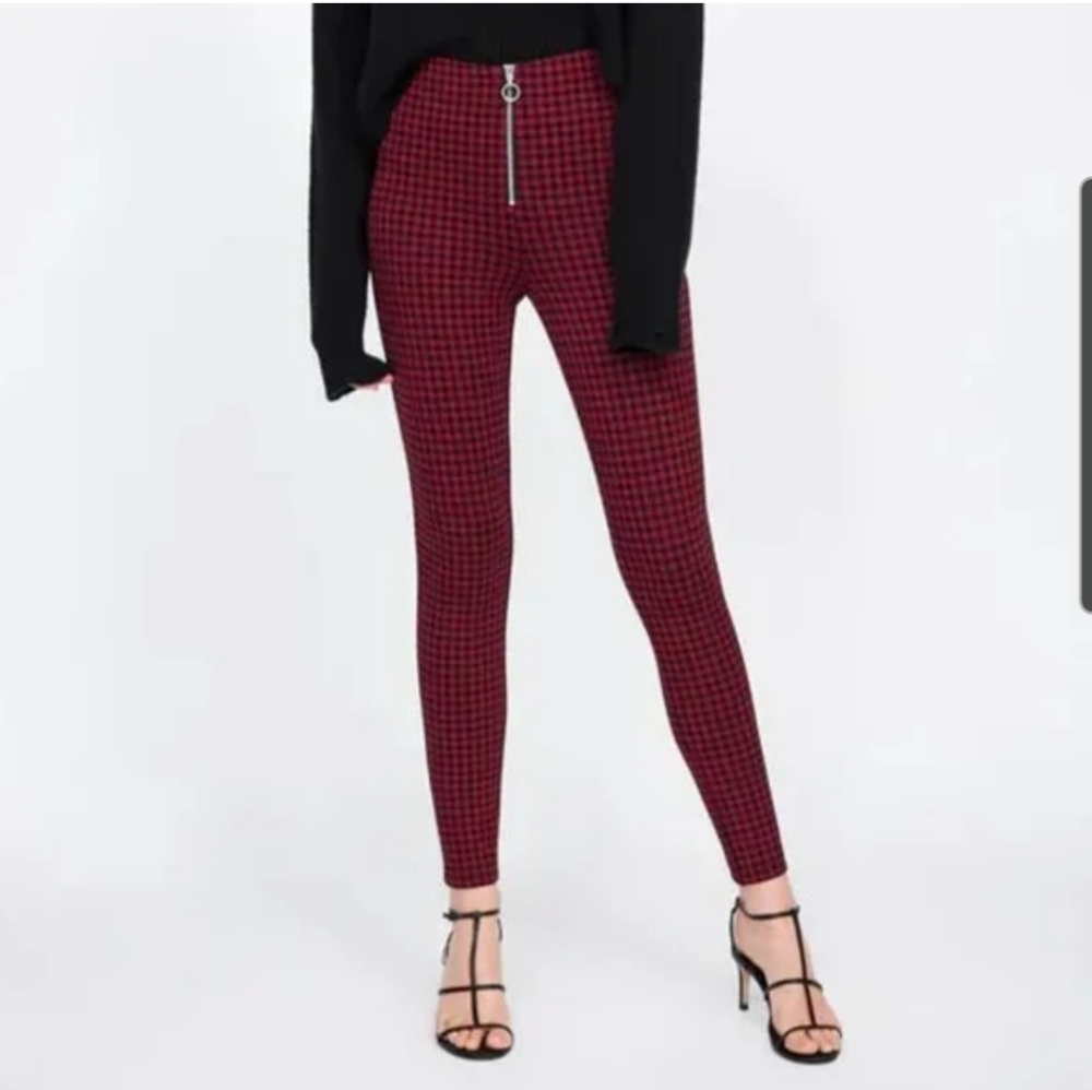 Zara Red Black Buffalo Check Mini Plaid Zip Strech Knit Pants High Rise Leggings